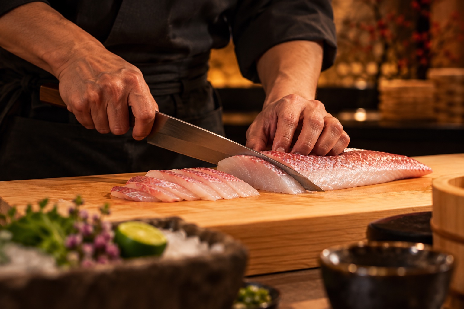 料理人が一皿を丁寧に仕上げる手元