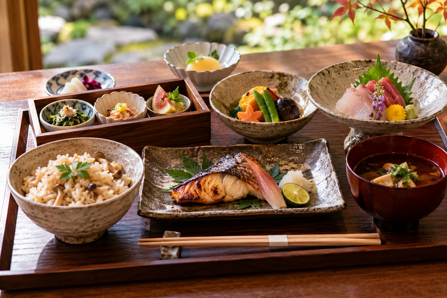 小鉢、お造り、焼魚、炊き合わせ、ご飯と汁物を揃えた季節の昼御膳