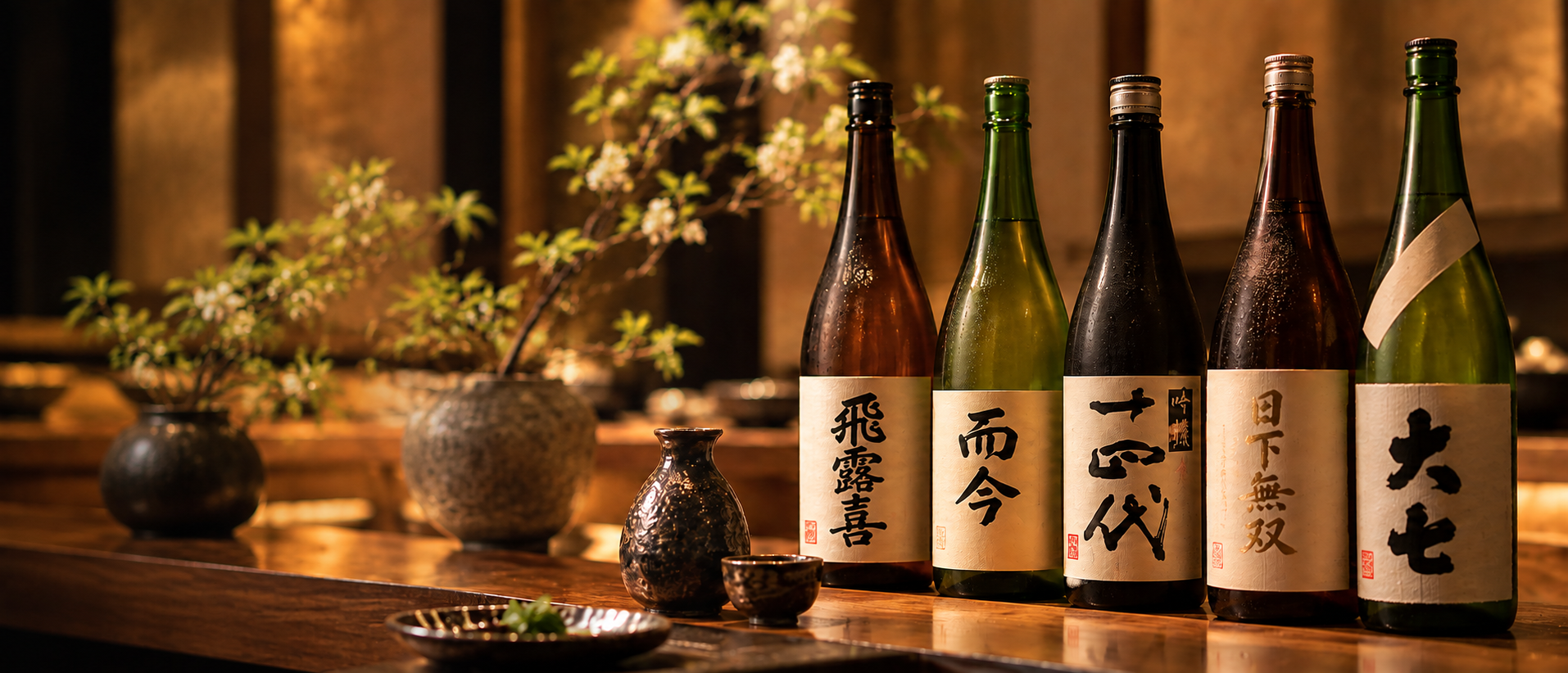 カウンターに並ぶ日本酒と酒器