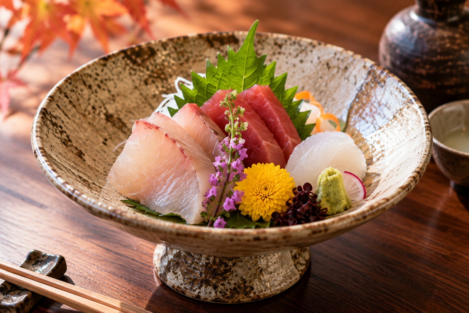 季節のあしらいを添えた旬魚のお造り