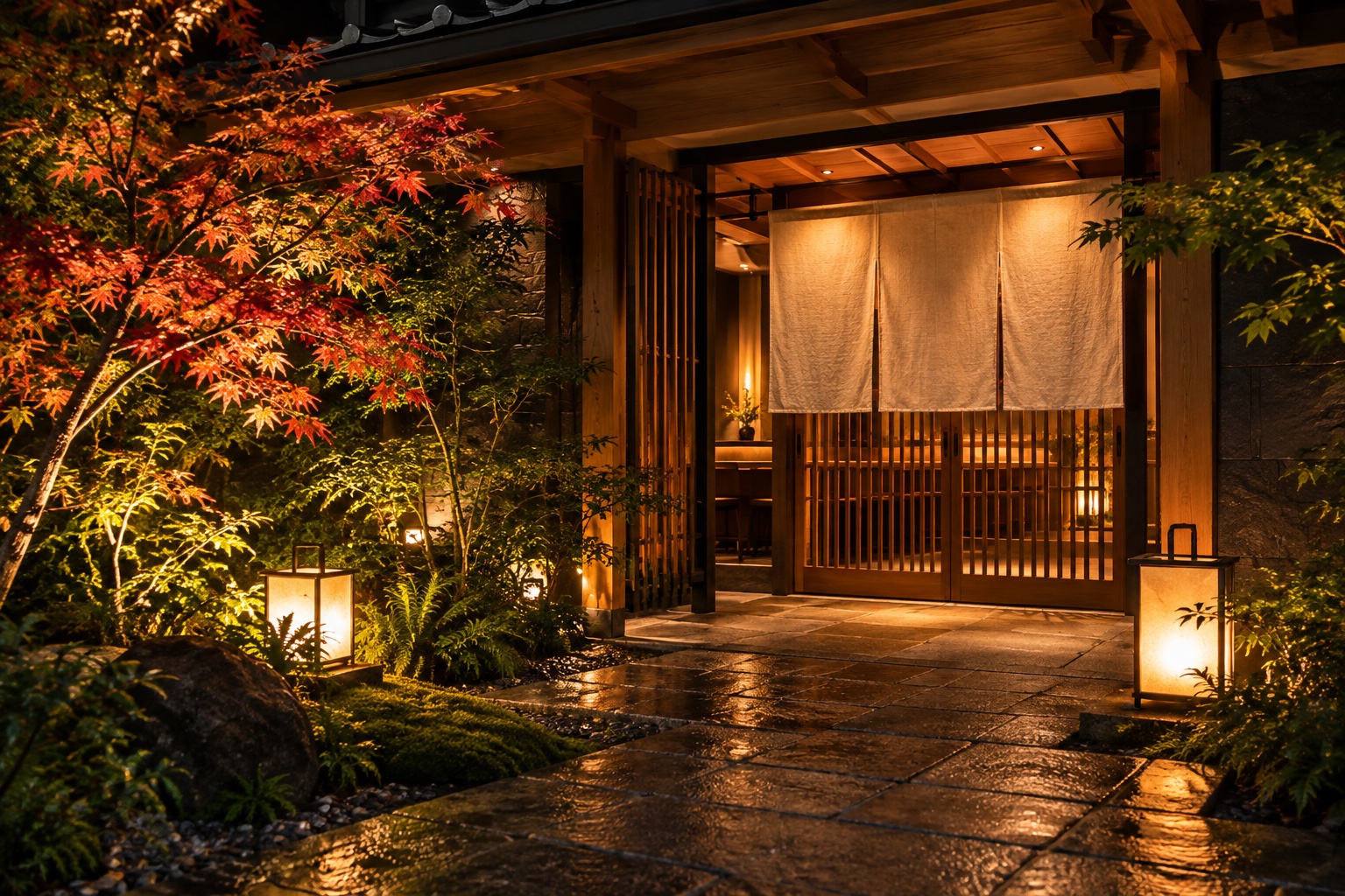 木の格子と庭の灯りが迎える夜の外観