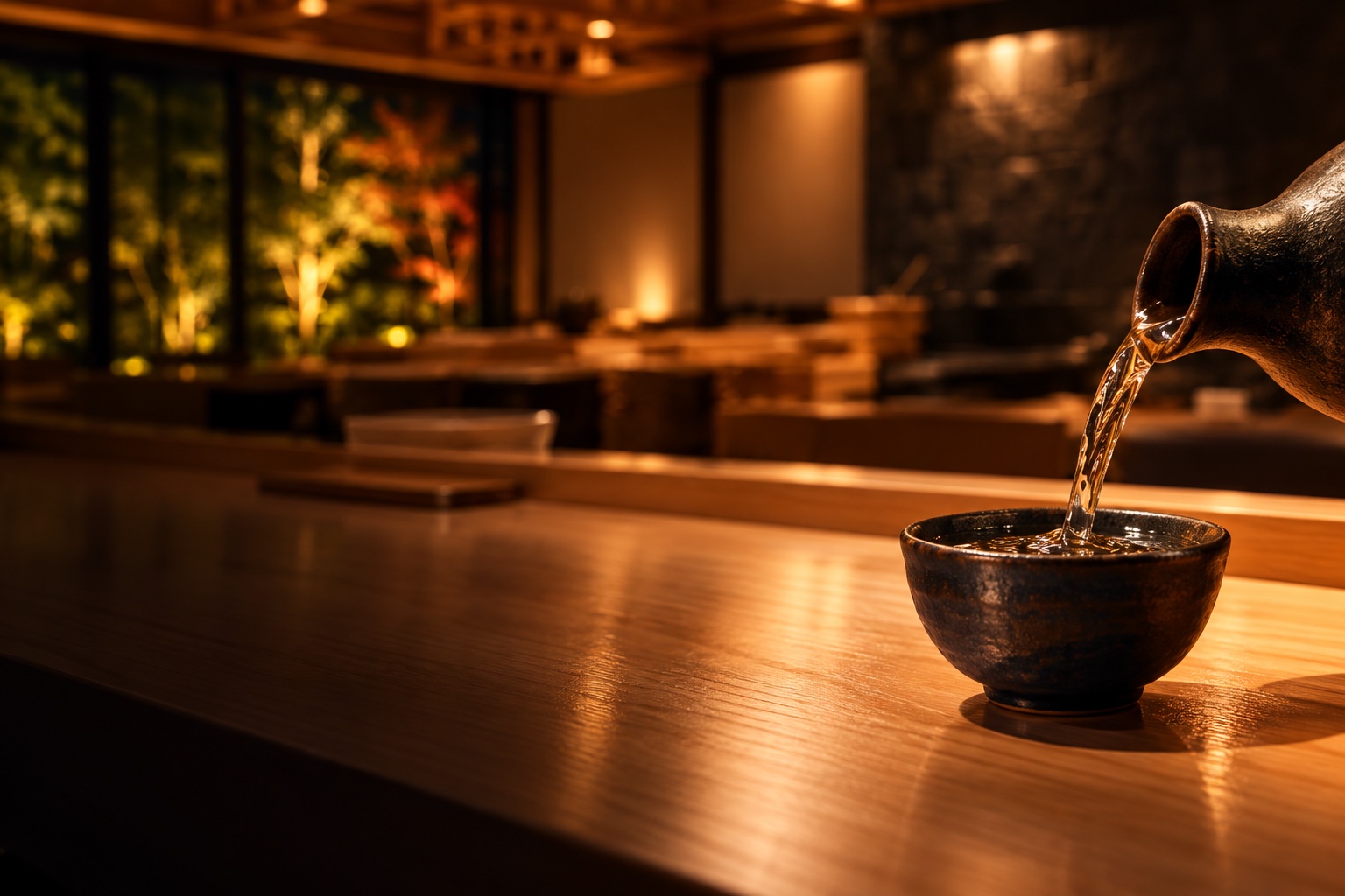 夜の灯りのもとで器に注ぐ日本酒